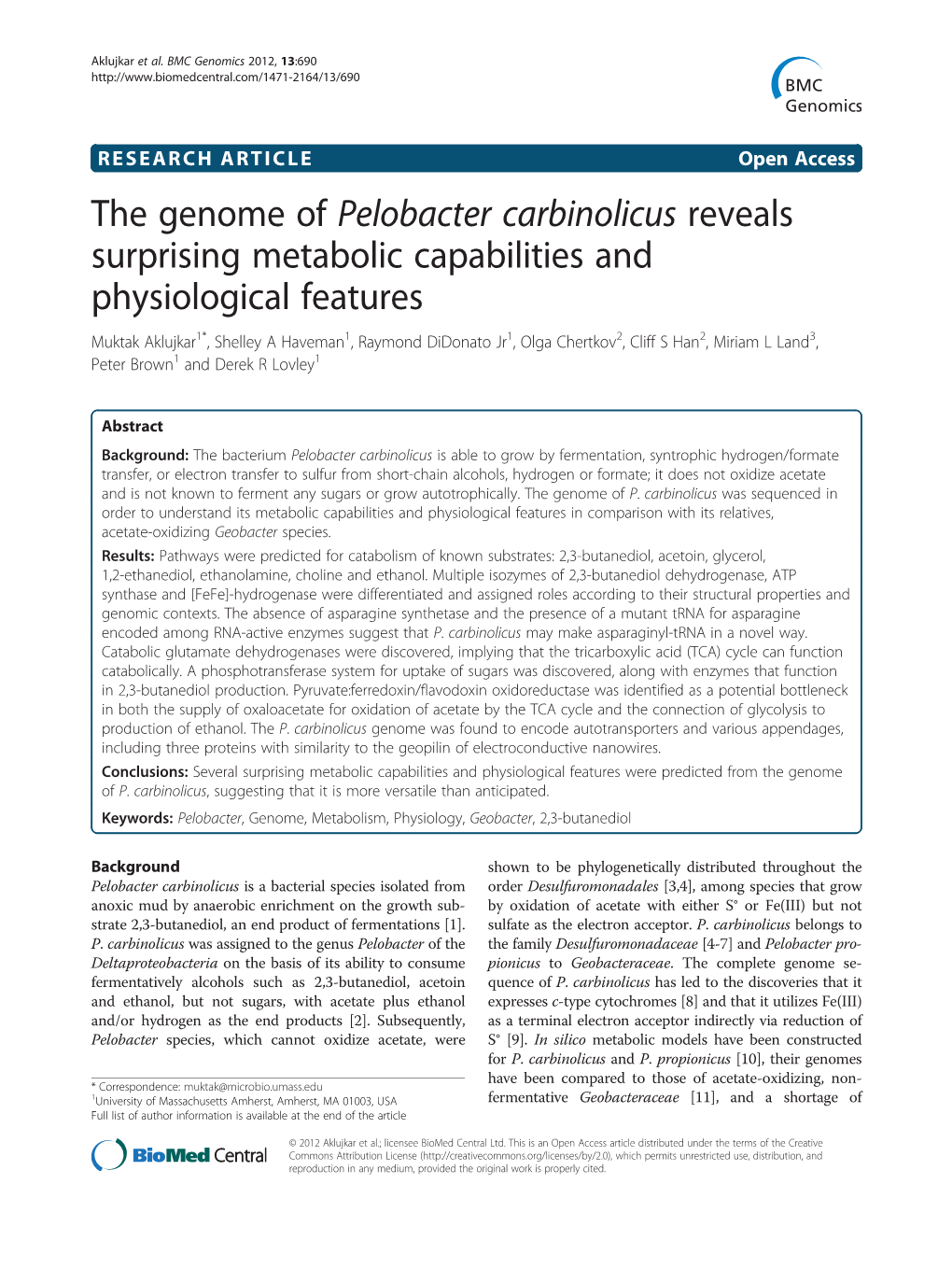 The Genome of Pelobacter Carbinolicus Reveals