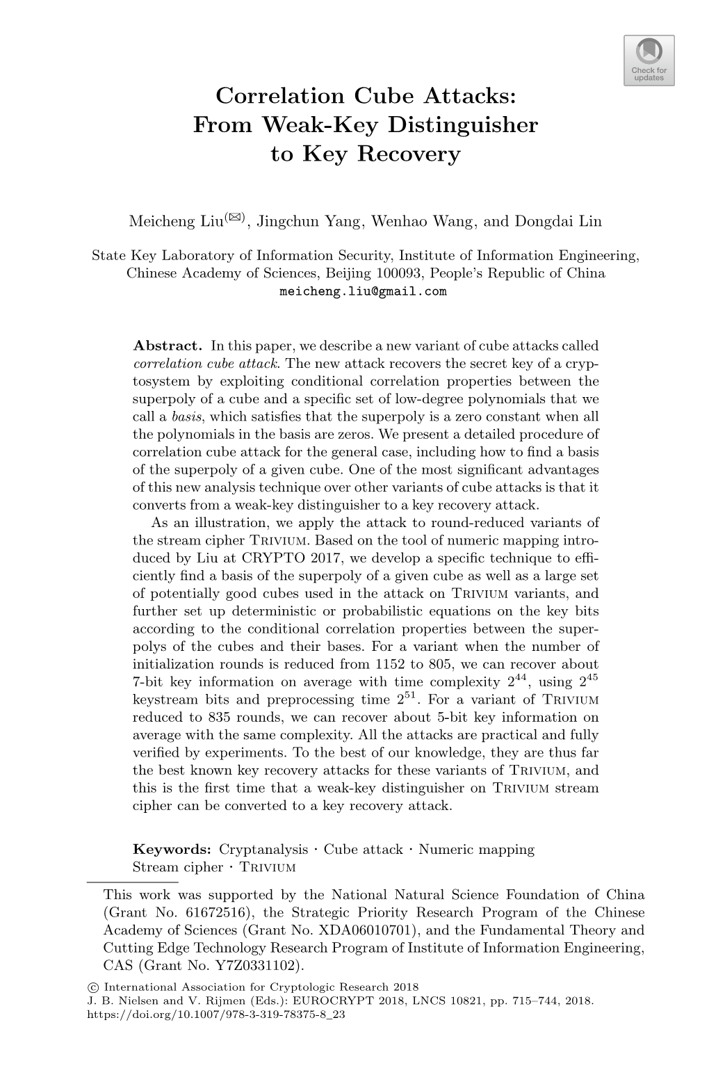 Correlation Cube Attacks: from Weak-Key Distinguisher to Key Recovery