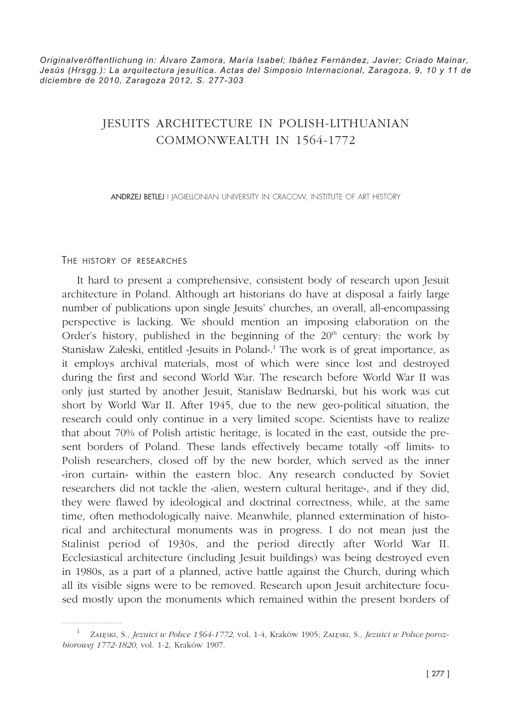 Jesuits Architecture in Polish-Lithuanian Commonwealth in 1564-1772