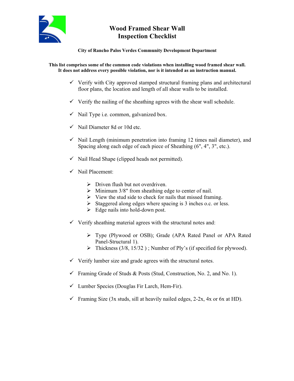 Wood Framed Shear Wall Inspection Checklist