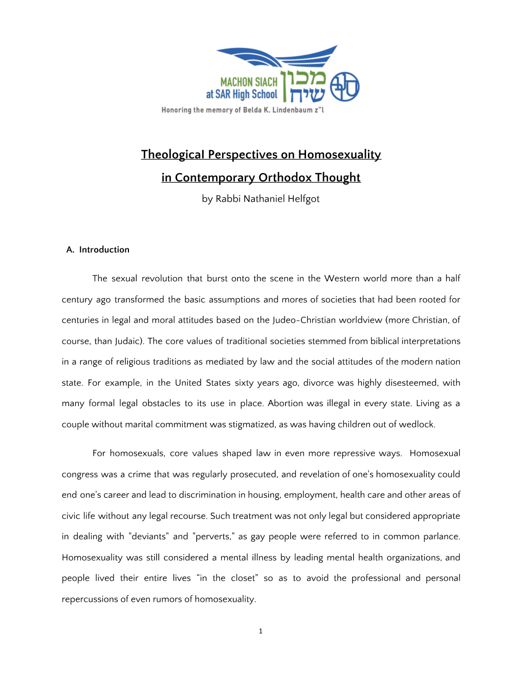 Theologicai Perspectives on Homosexuality in Contemporary Orthodox Thought by Rabbi Nathaniel Helfgot