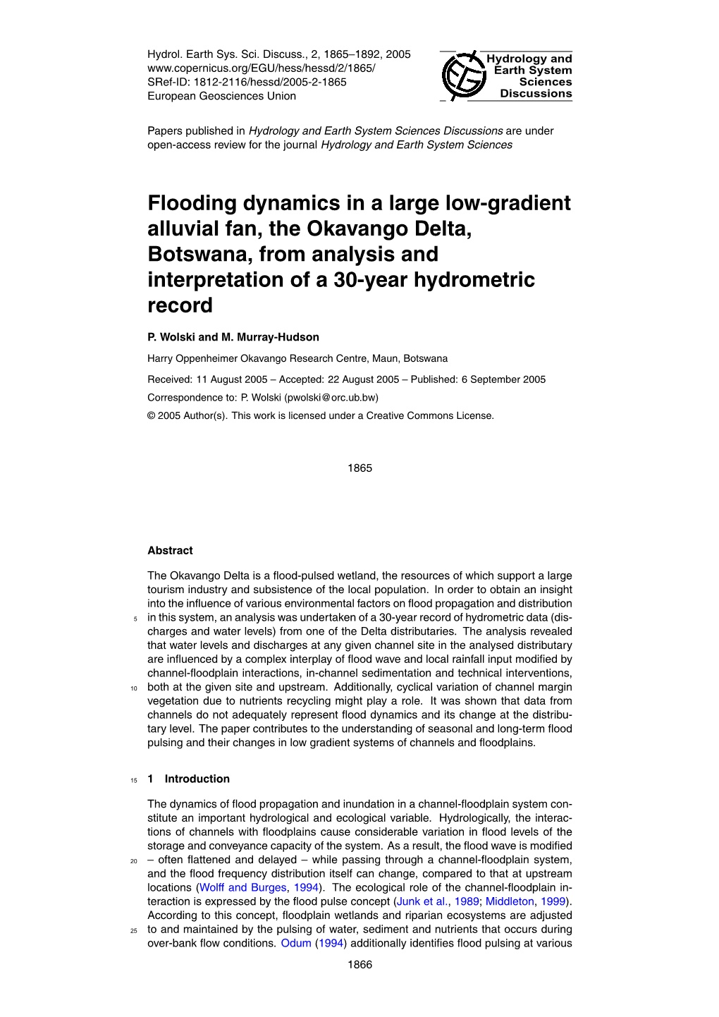 Flooding Dynamics in a Large Low-Gradient Alluvial Fan, the Okavango Delta, Botswana, from Analysis and Interpretation of a 30-Year Hydrometric Record