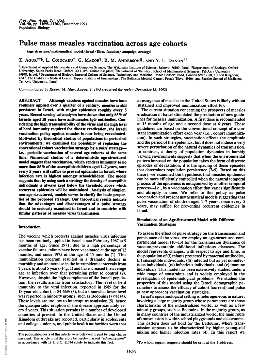 Pulse Mass Measles Vaccination Across Age Cohorts (Age Structure/Mathematical Model/Israel/Dirac Function/Campaign Strategy) Z