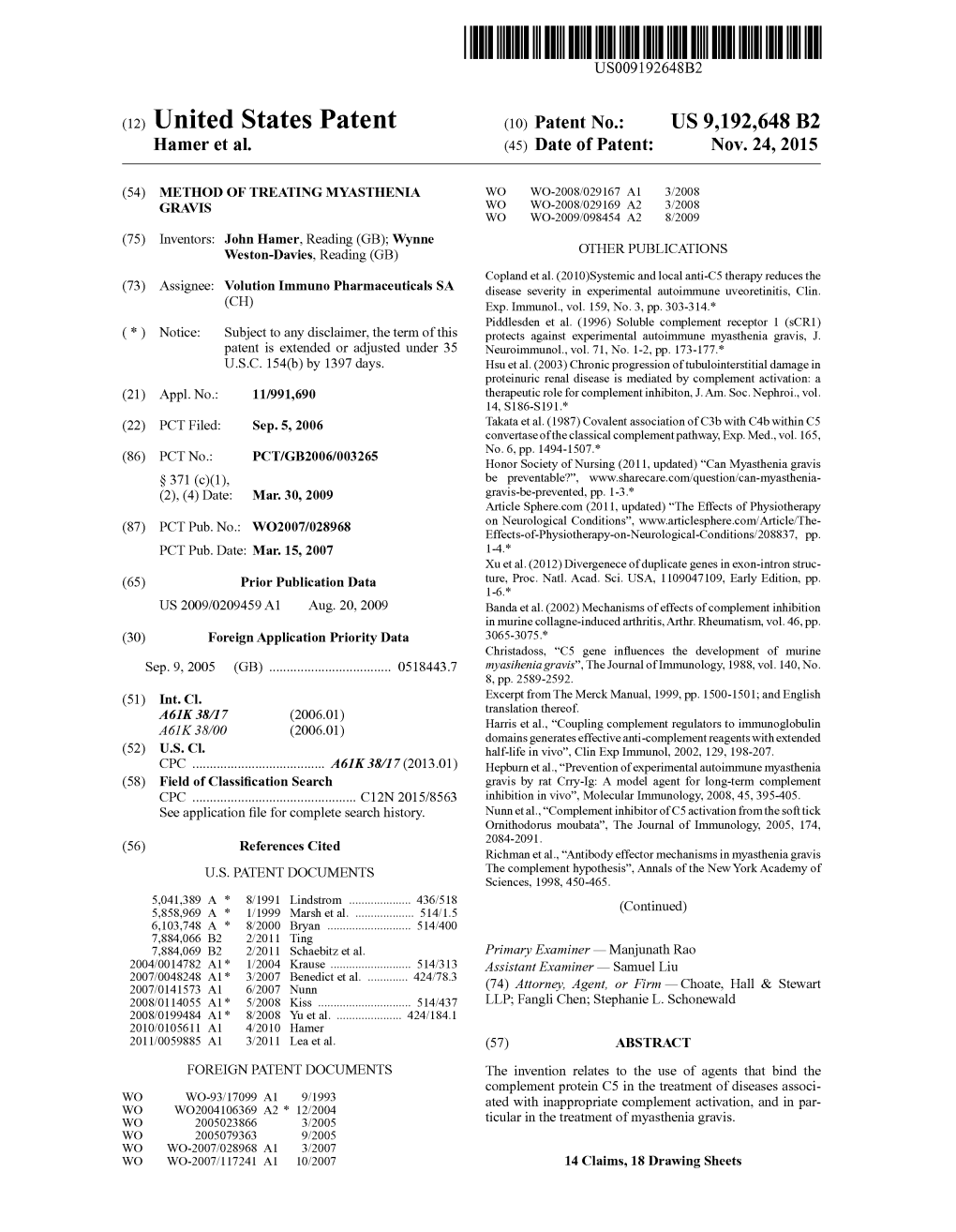 (12) United States Patent (10) Patent No.: US 9,192,648 B2 Hamer Et Al