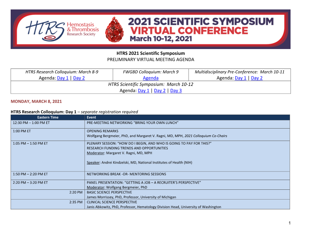 HTRS 2021 Scientific Symposium PRELIMINARY VIRTUAL MEETING AGENDA