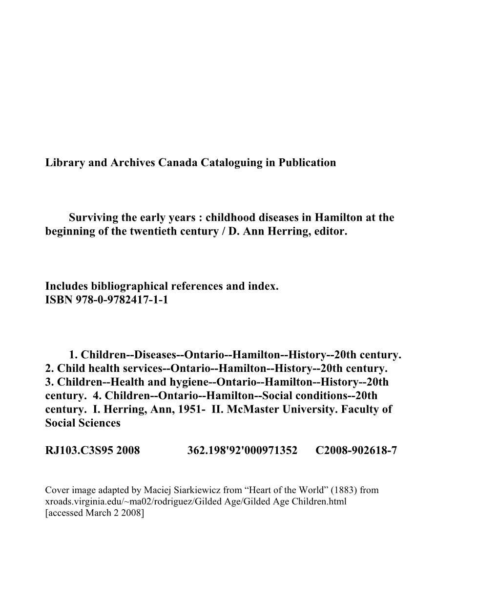 Childhood Diseases in Hamilton at the Beginning of the Twentieth Century / D