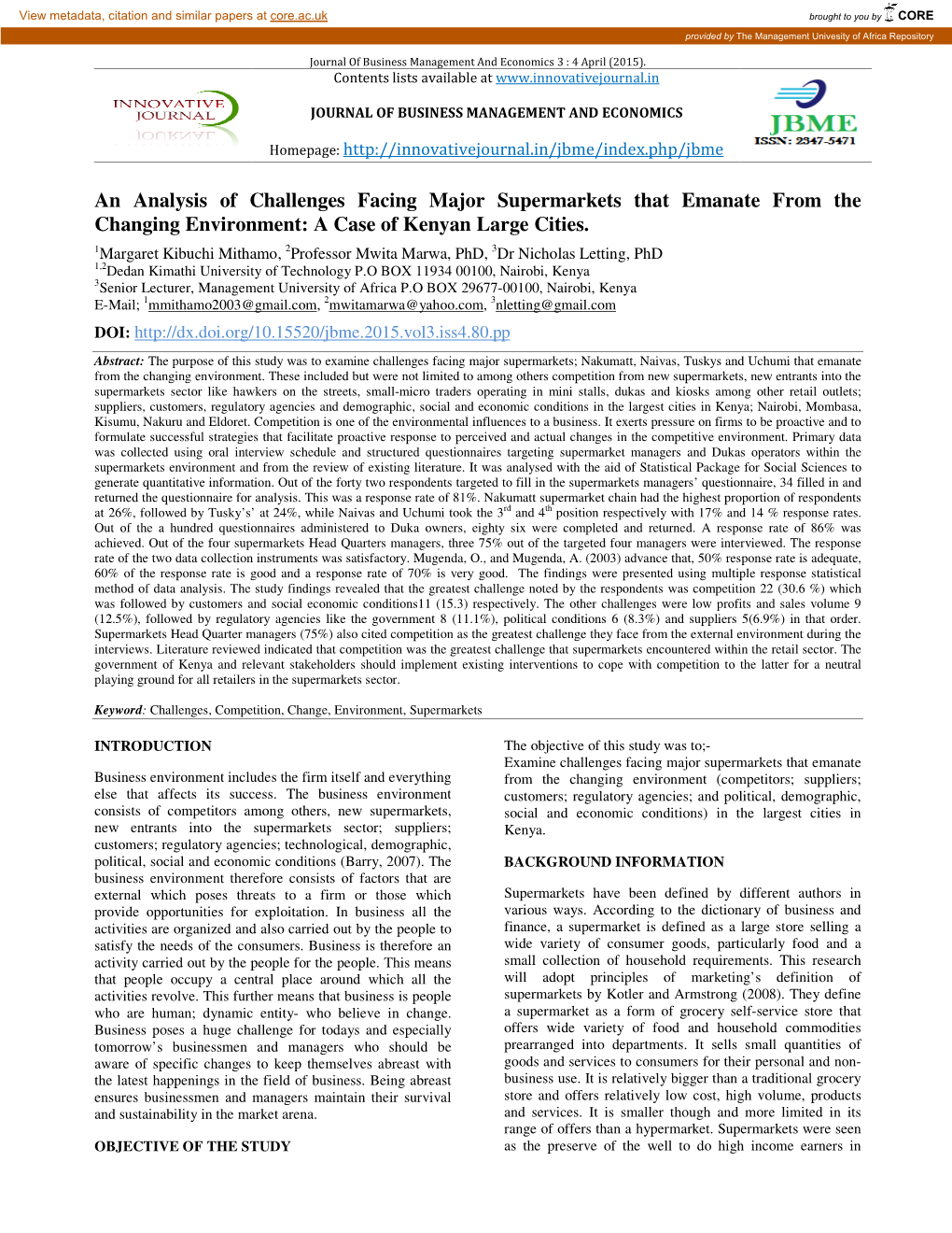 An Analysis of Challenges Facing Major Supermarkets That Emanate from the Changing Environment: a Case of Kenyan Large Cities