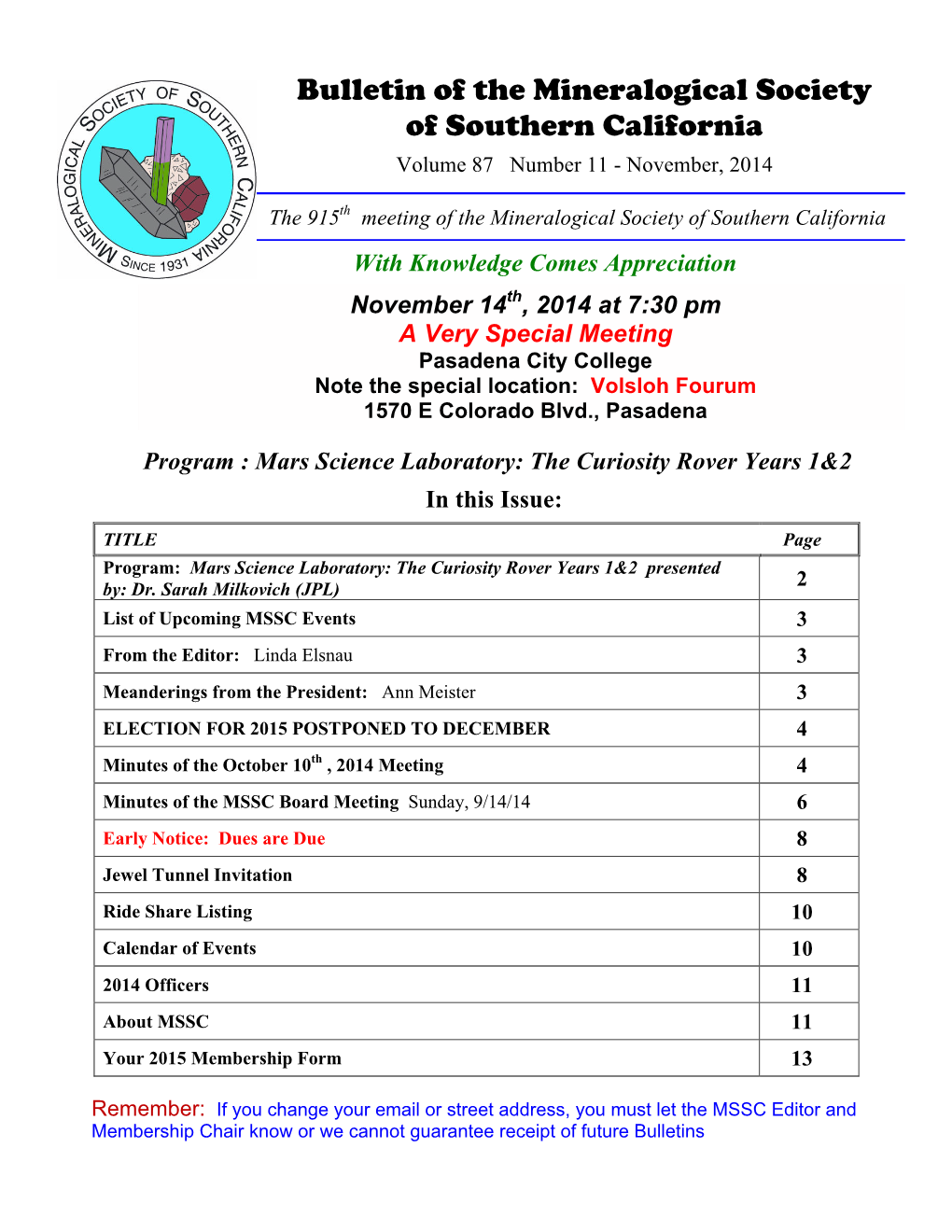 Bulletin of the Mineralogical Society of Southern California