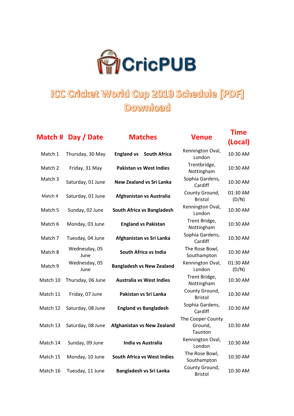 Download ICC Cricket World Cup Schedule In