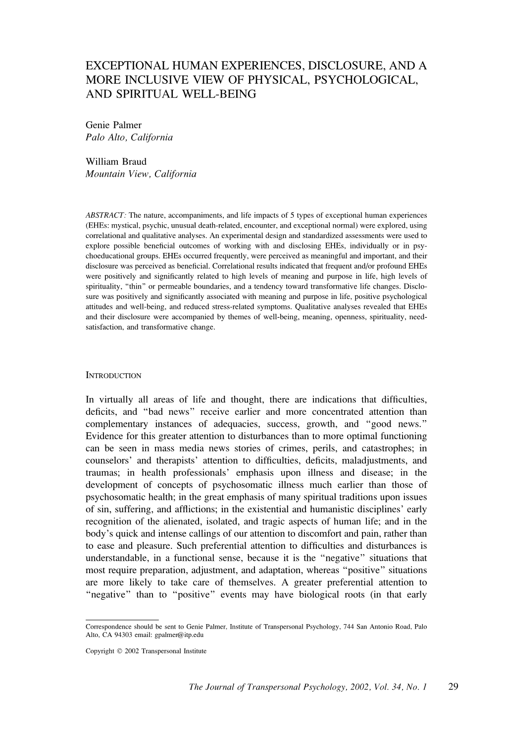 Exceptional Human Experiences, Disclosure, and a More Inclusive View of Physical, Psychological, and Spiritual Well-Being