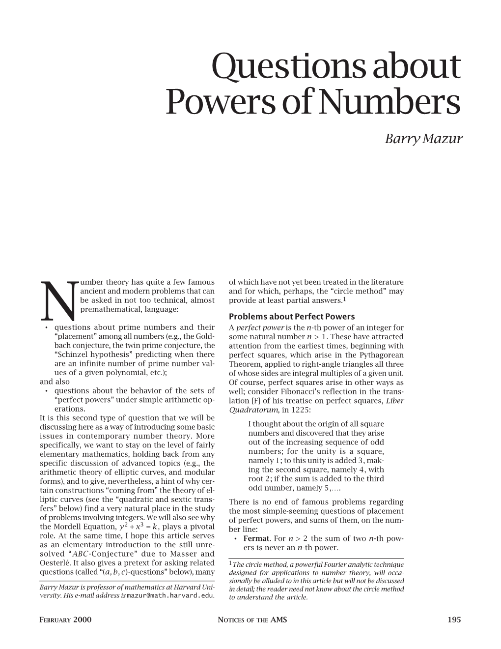 Questions About Powers of Numbers Barry Mazur