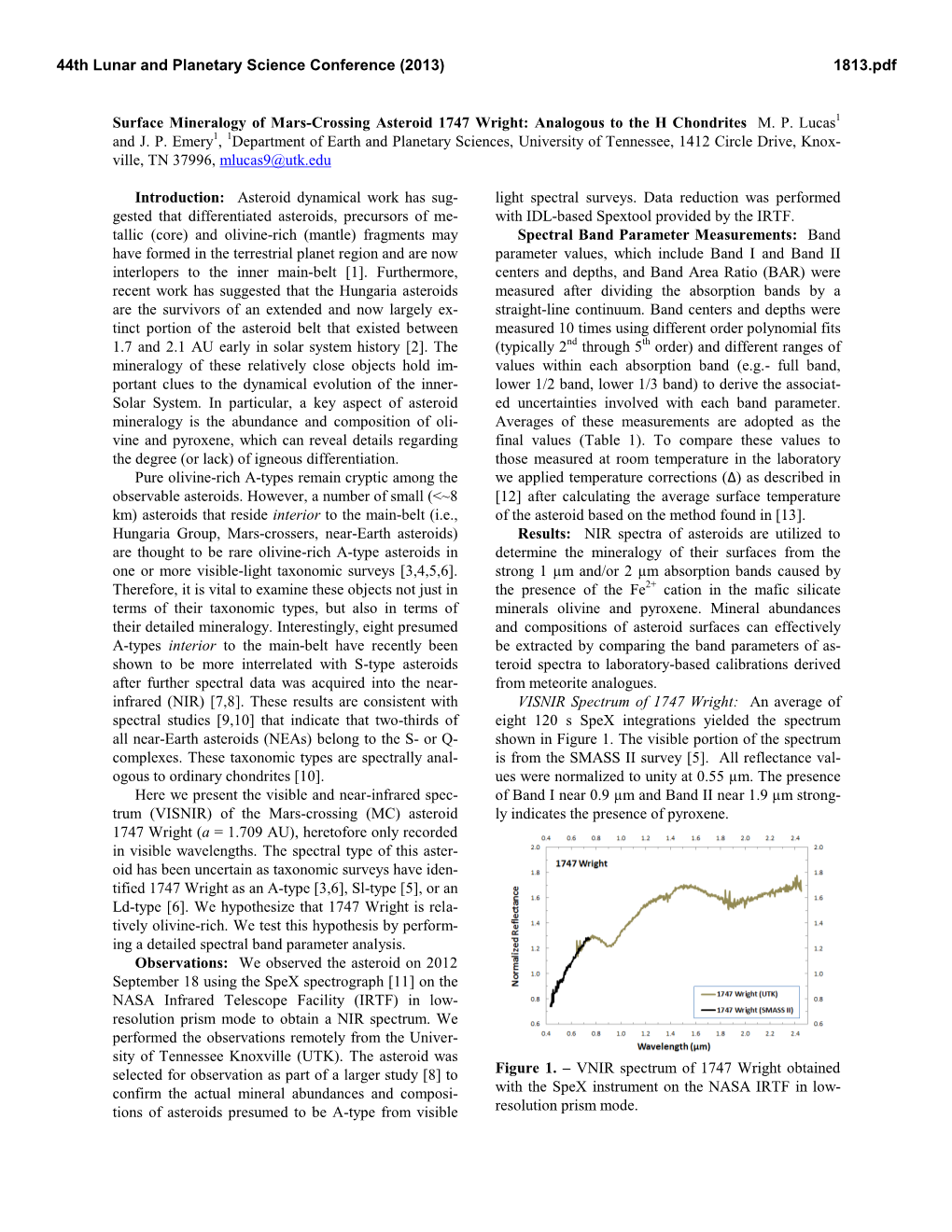 Surface Mineralogy of Mars-Crossing Asteroid 1747 Wright: Analogous to the H Chondrites M