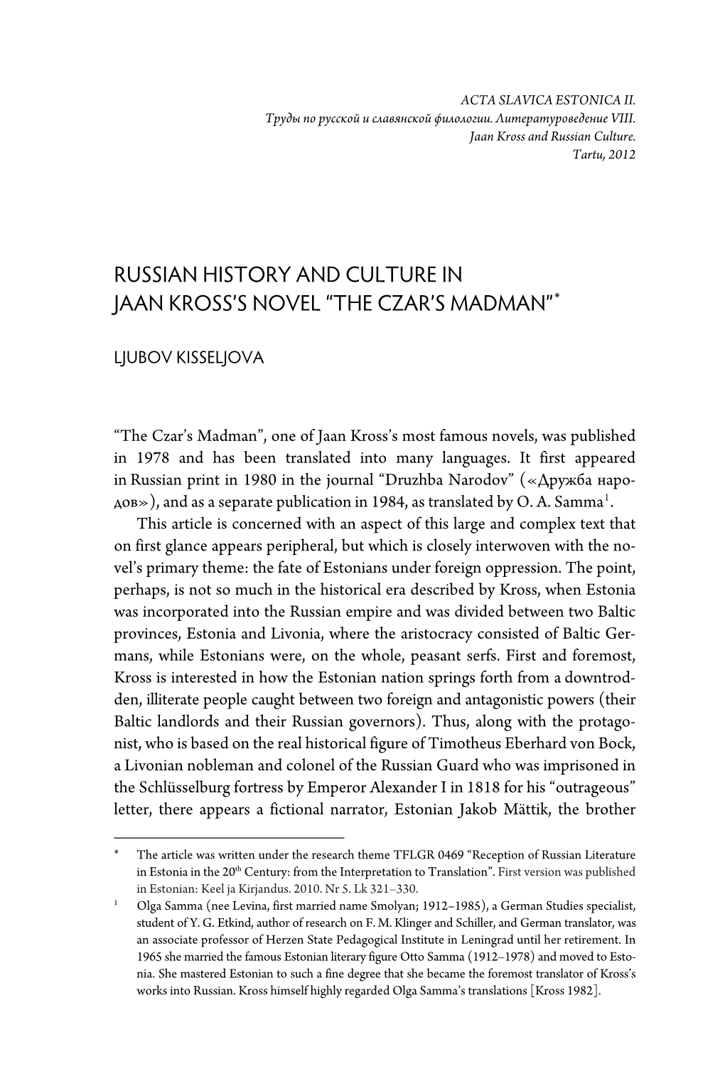 Ljubov Kisseljova. Russian History and Culture in Jaan