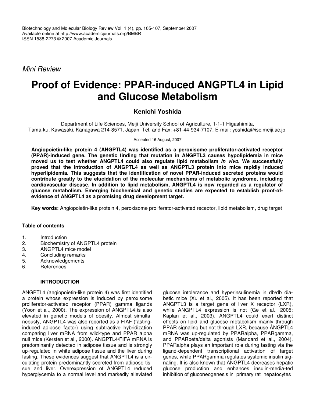 PPAR-Induced ANGPTL4 in Lipid and Glucose Metabolism
