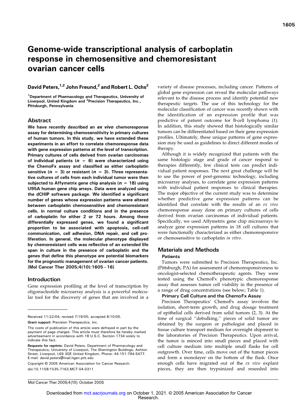 Genome-Wide Transcriptional Analysis of Carboplatin Response in Chemosensitive and Chemoresistant Ovarian Cancer Cells