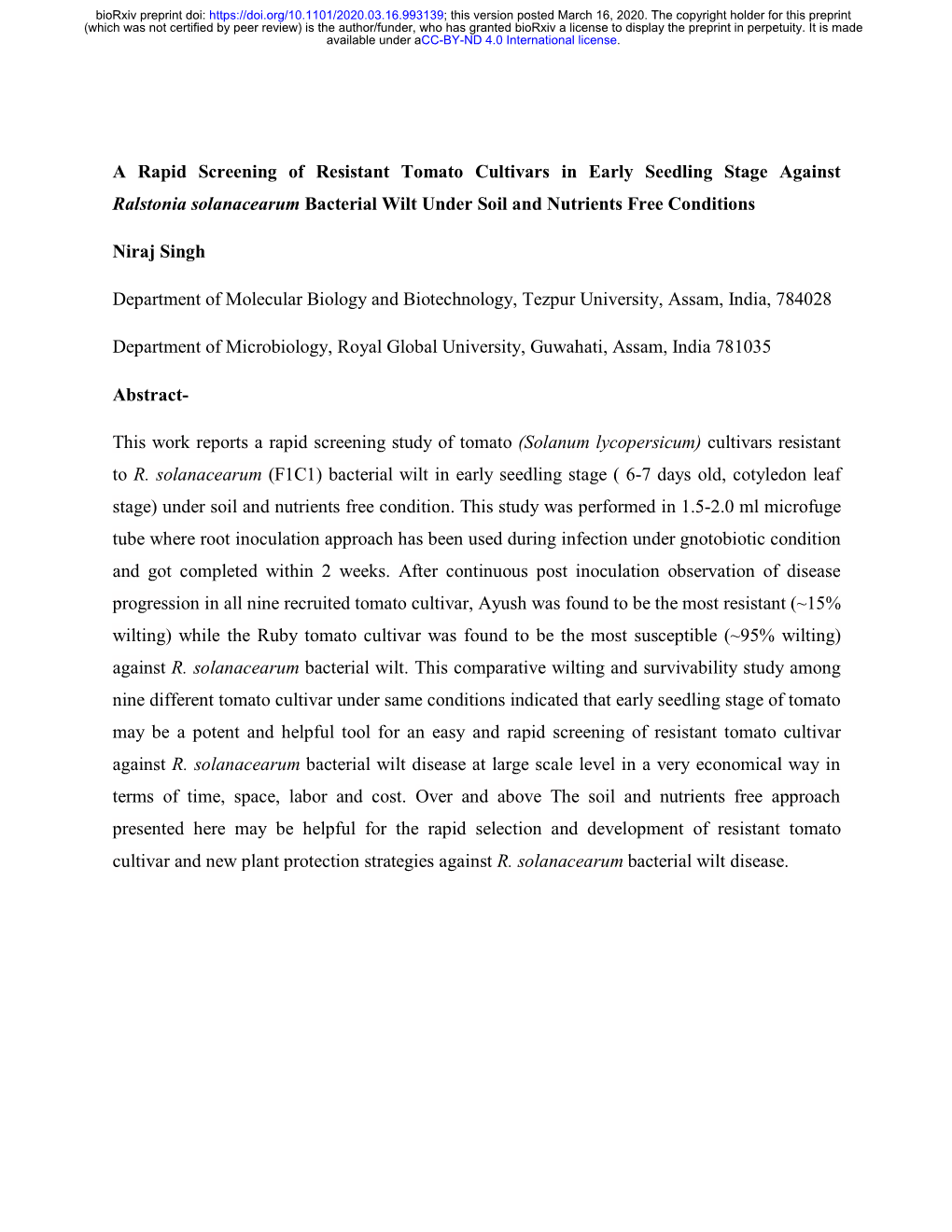 A Rapid Screening of Resistant Tomato Cultivars in Early Seedling Stage Against Ralstonia Solanacearum Bacterial Wilt Under Soil and Nutrients Free Conditions