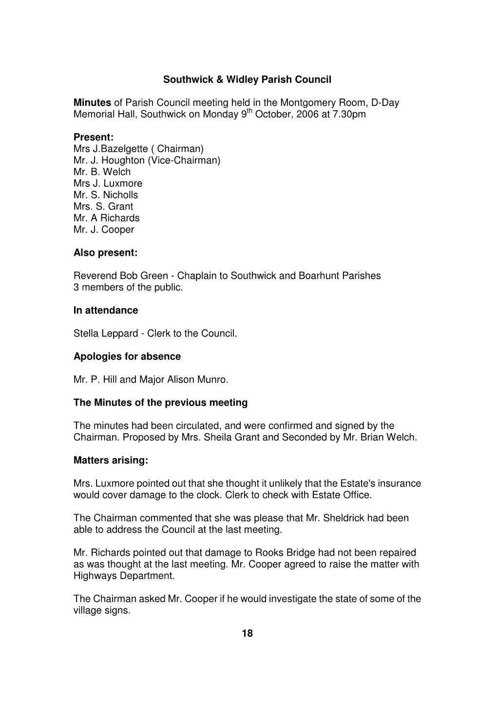 Southwick & Widley Parish Council Minutes of Parish Council Meeting