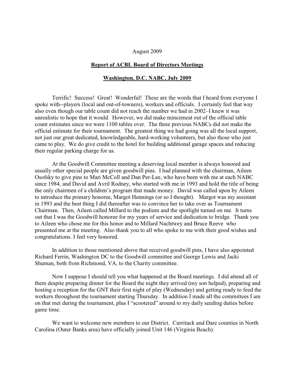 August 2009 Report of ACBL Board of Directors