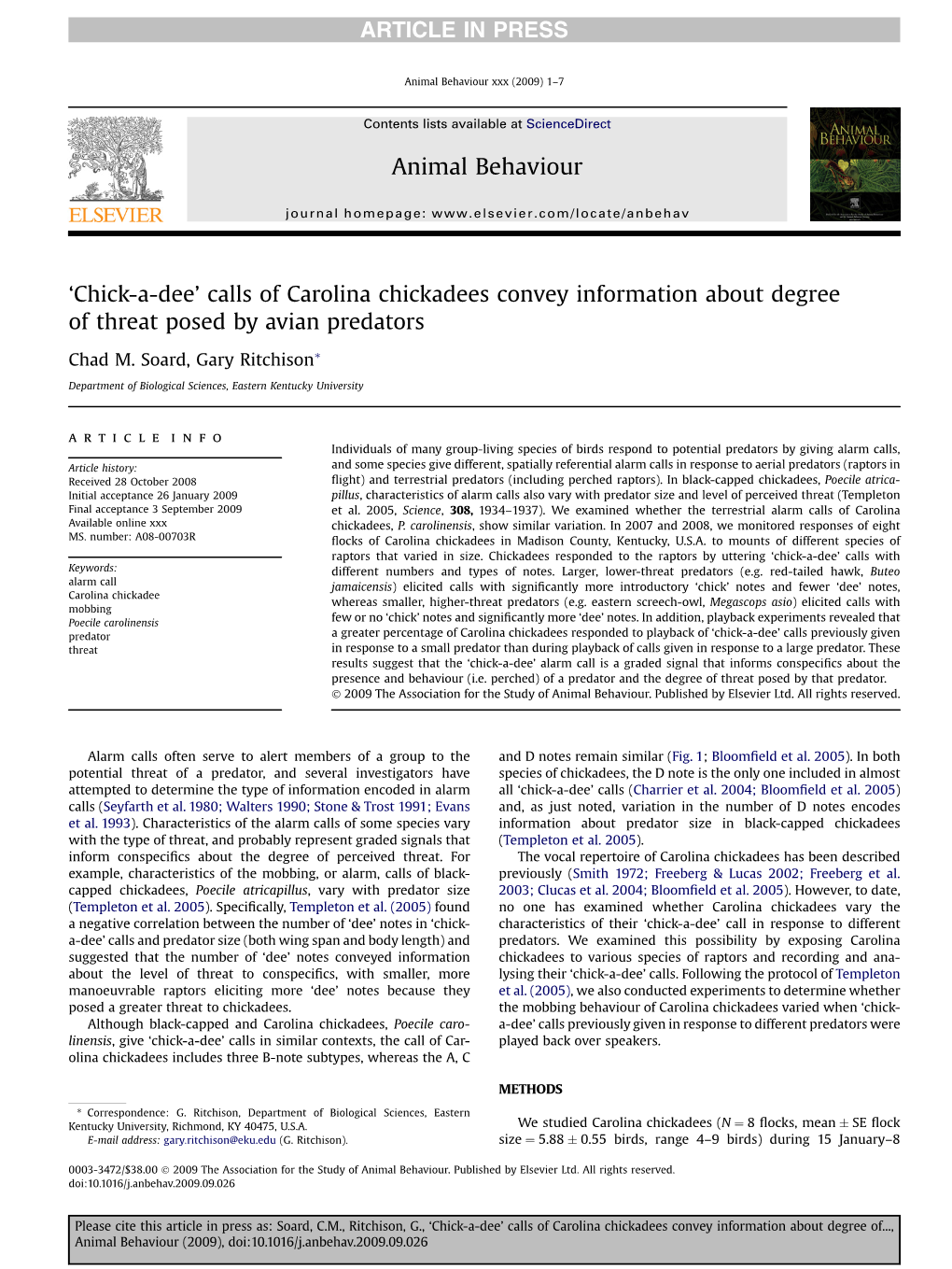 •Chick-A-Dee• Calls of Carolina Chickadees Convey Information About Degree of Threat Posed by Avian Predators