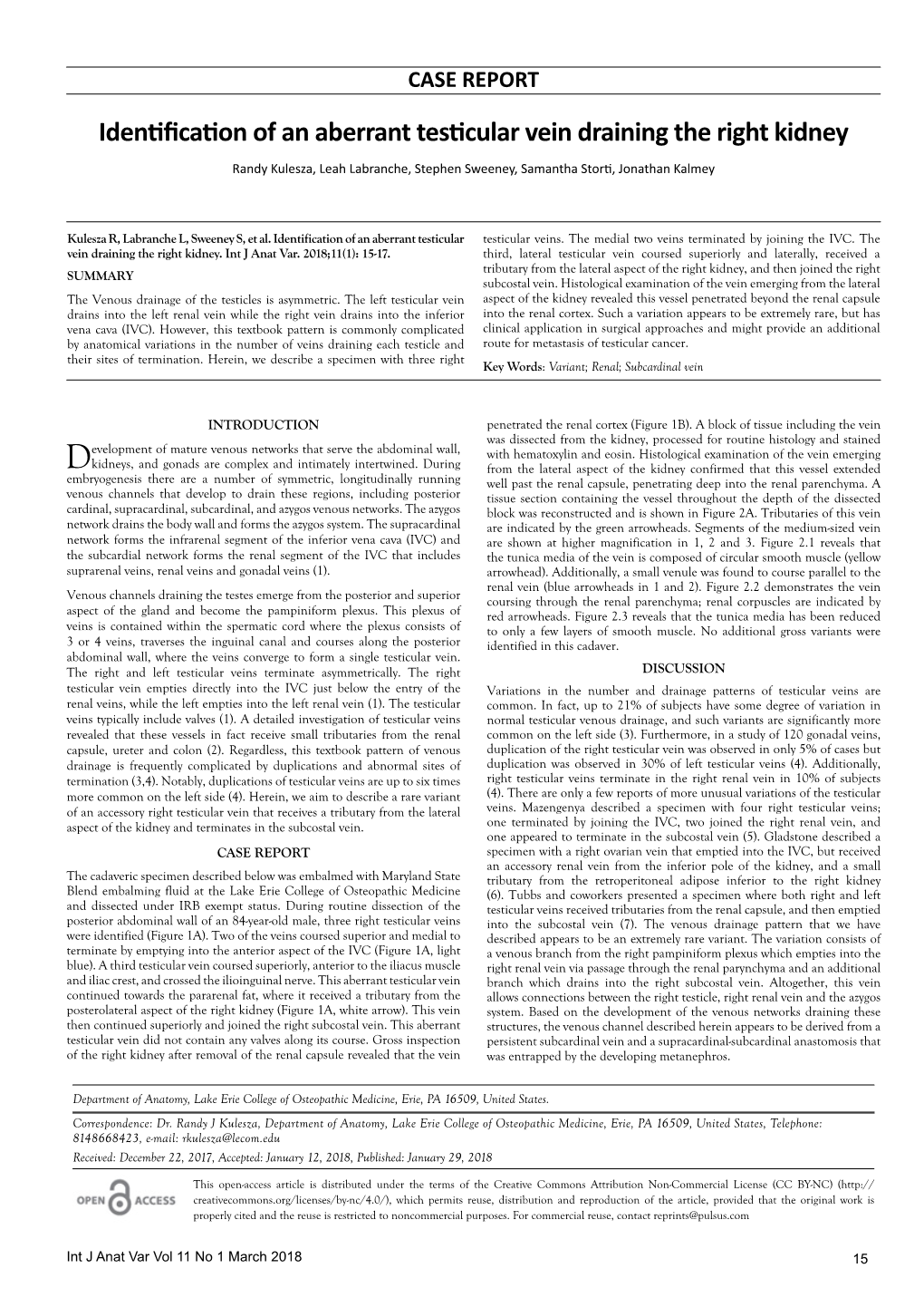 Identification of an Aberrant Testicular Vein Draining the Right Kidney