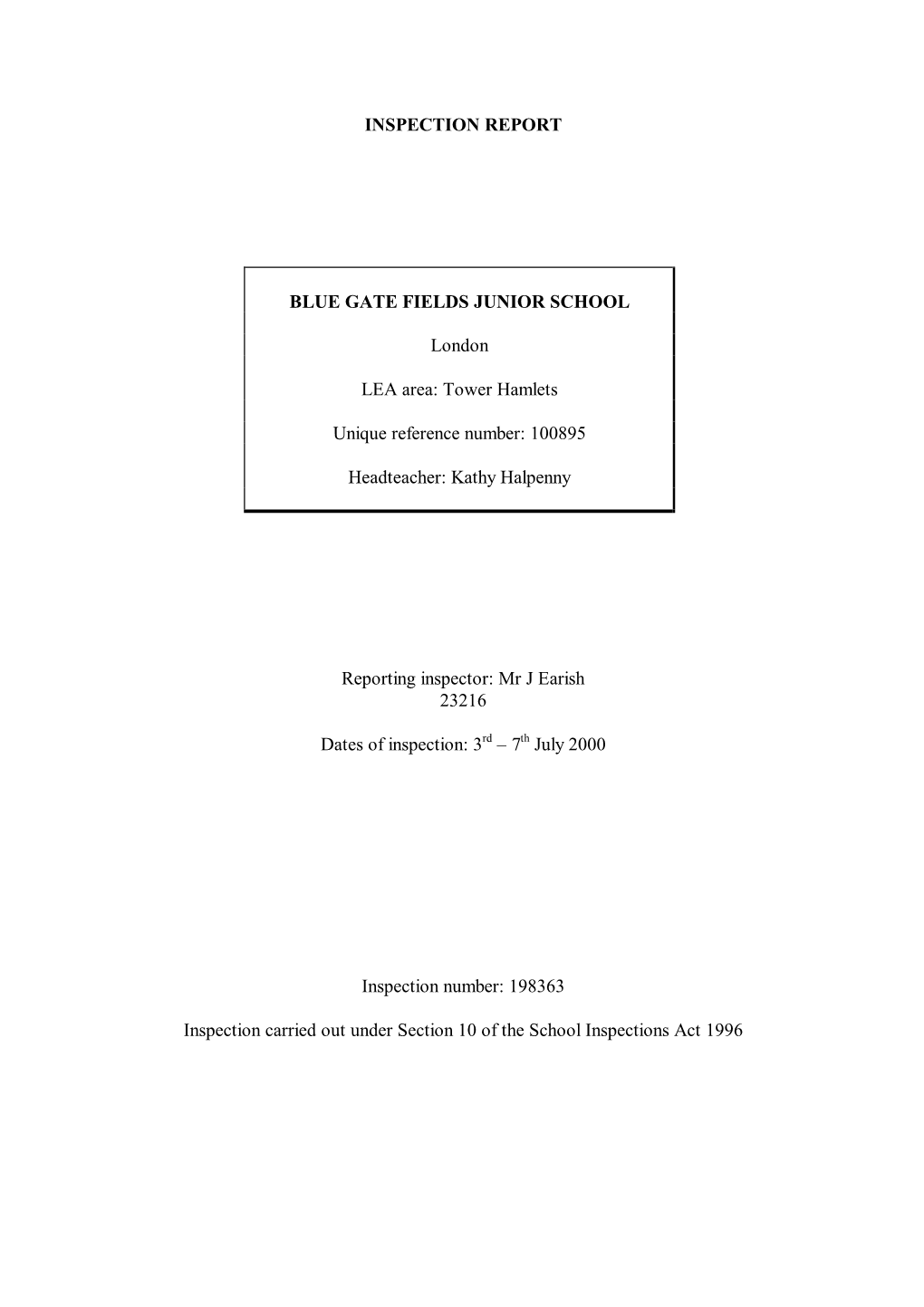 INSPECTION REPORT BLUE GATE FIELDS JUNIOR SCHOOL London