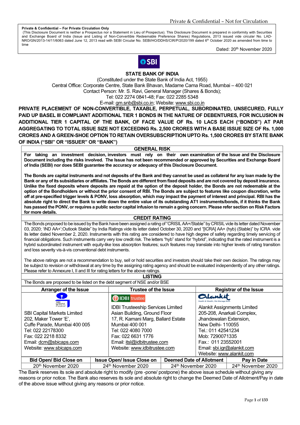 Private & Confidential – Not for Circulation STATE BANK of INDIA