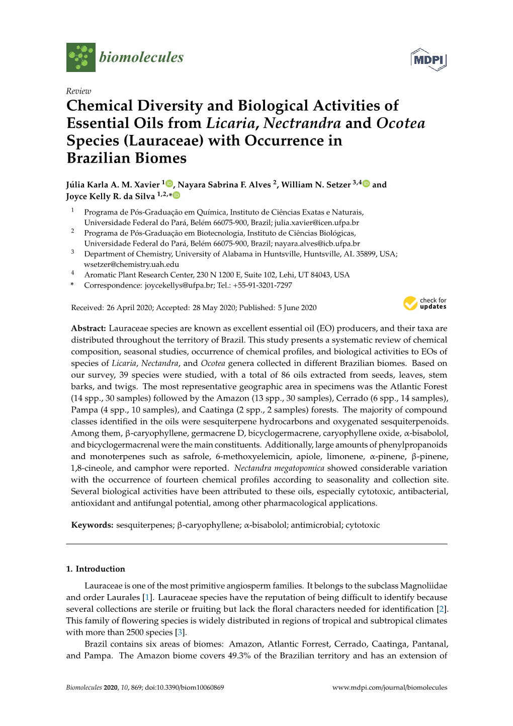 Chemical Diversity and Biological Activities of Essential Oils from Licaria, Nectrandra and Ocotea Species (Lauraceae) with Occurrence in Brazilian Biomes