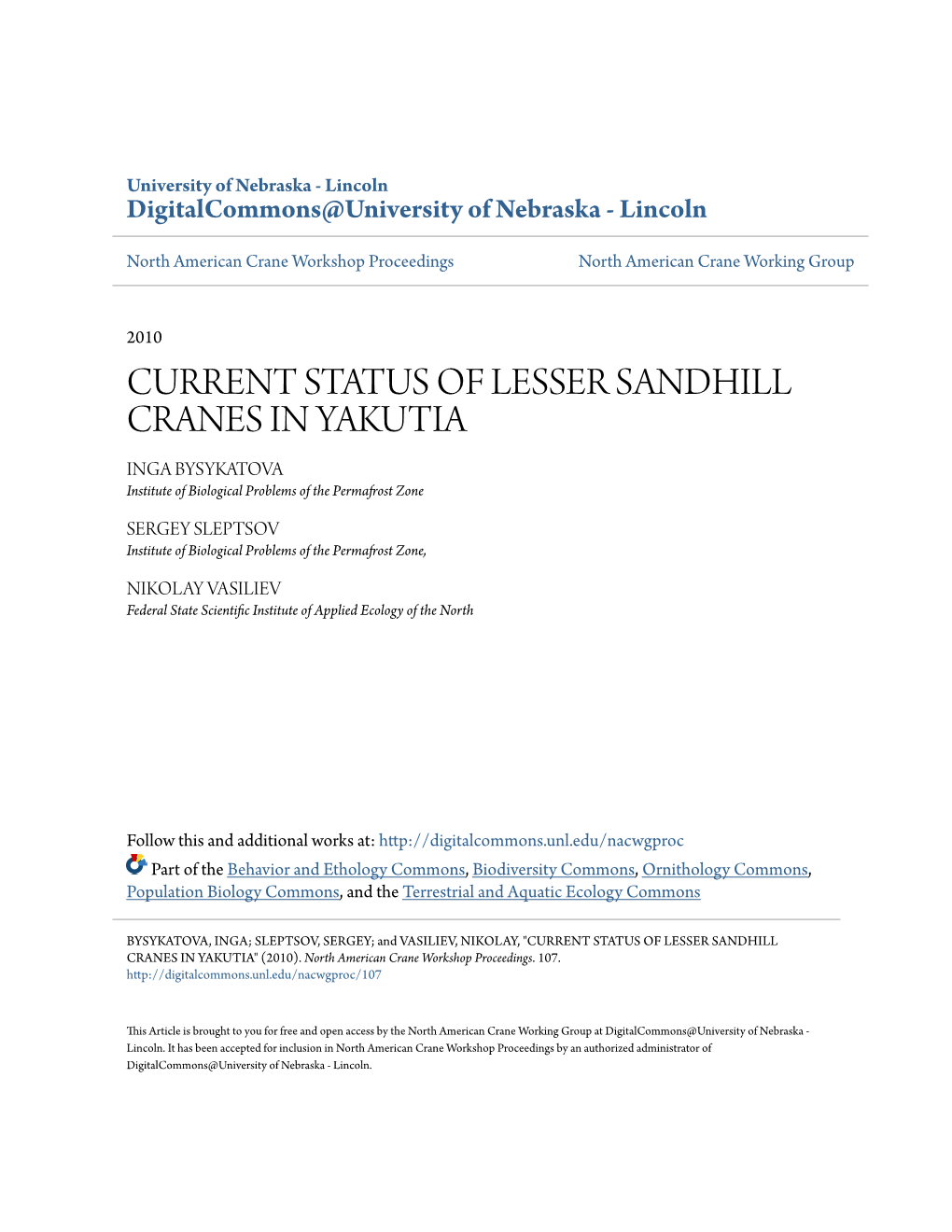 Current Status of Lesser Sandhill Cranes in Yakutia