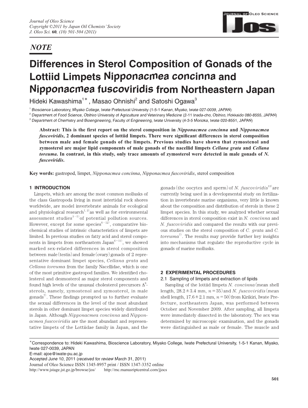 Differences in Sterol Composition of Gonads of the Lottiid Limpets
