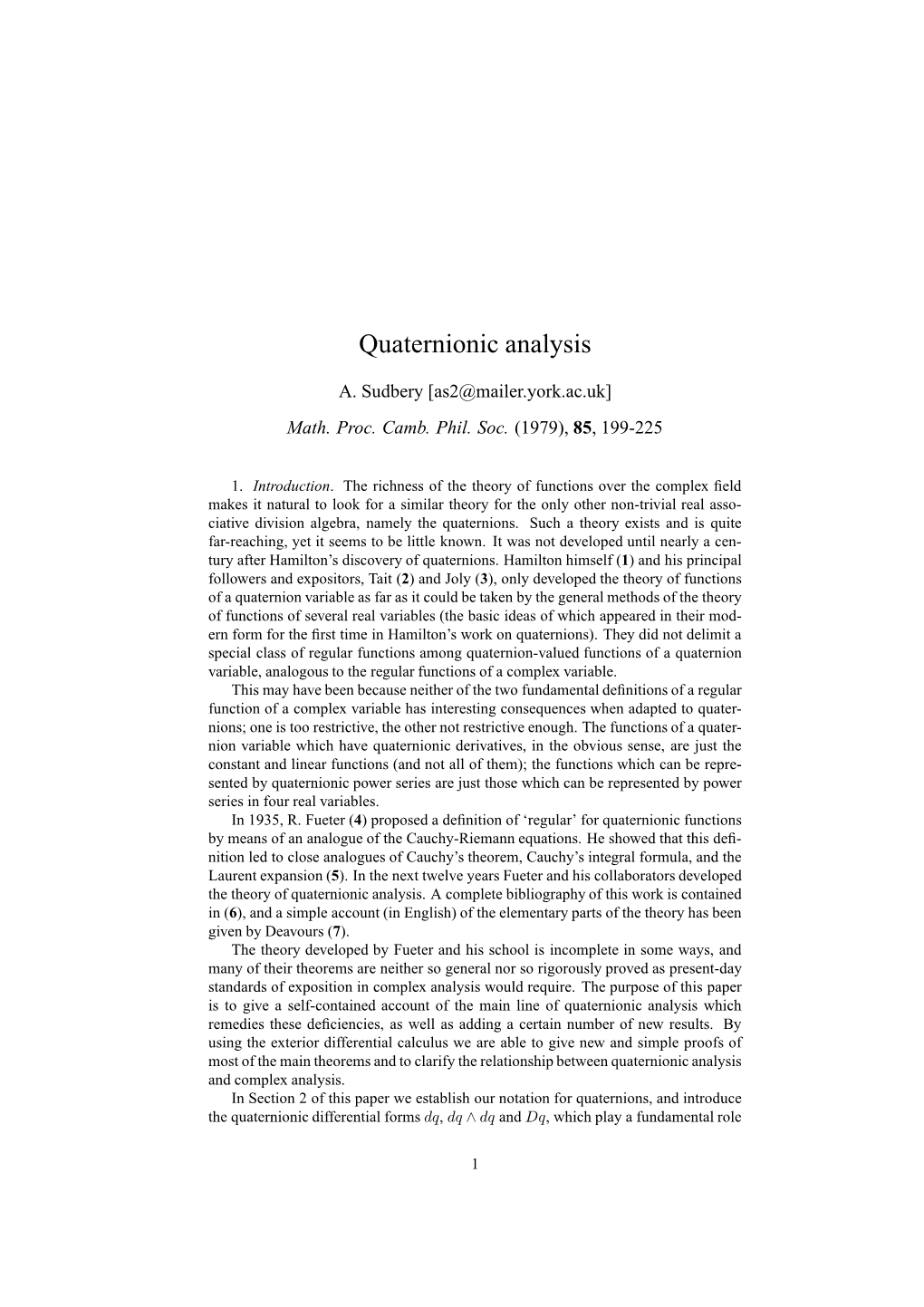 Quaternionic Analysis
