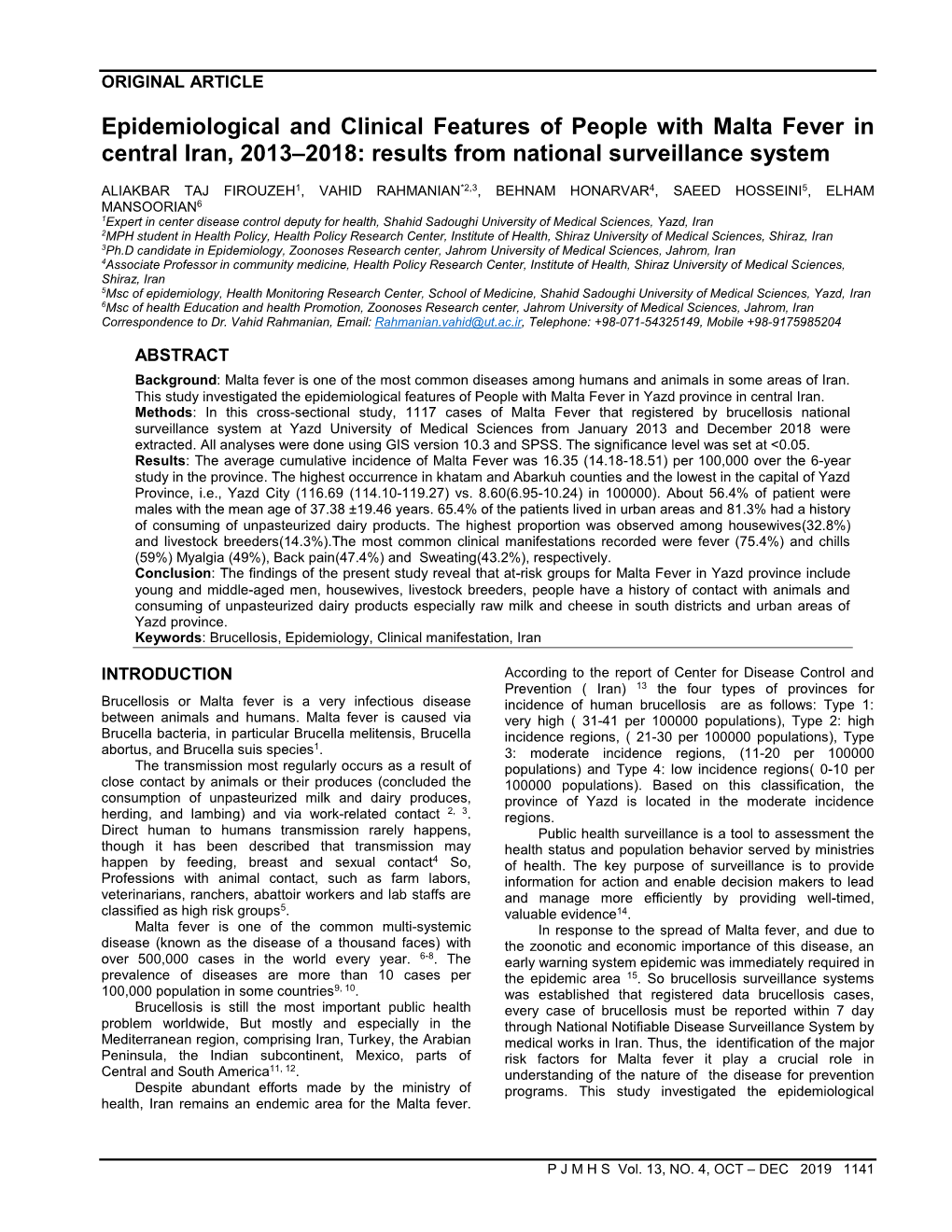 Epidemiological and Clinical Features of People with Malta Fever in Central Iran, 2013–2018: Results from National Surveillance System