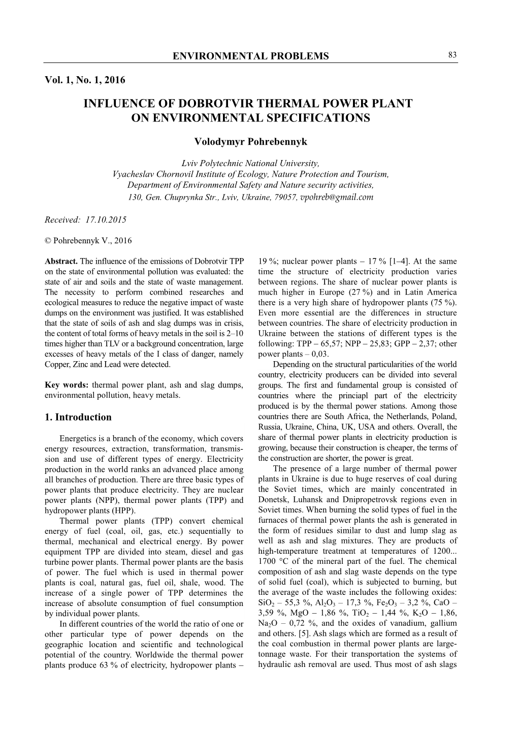 Influence of Dobrotvir Thermal Power Plant on Environmental Specifications