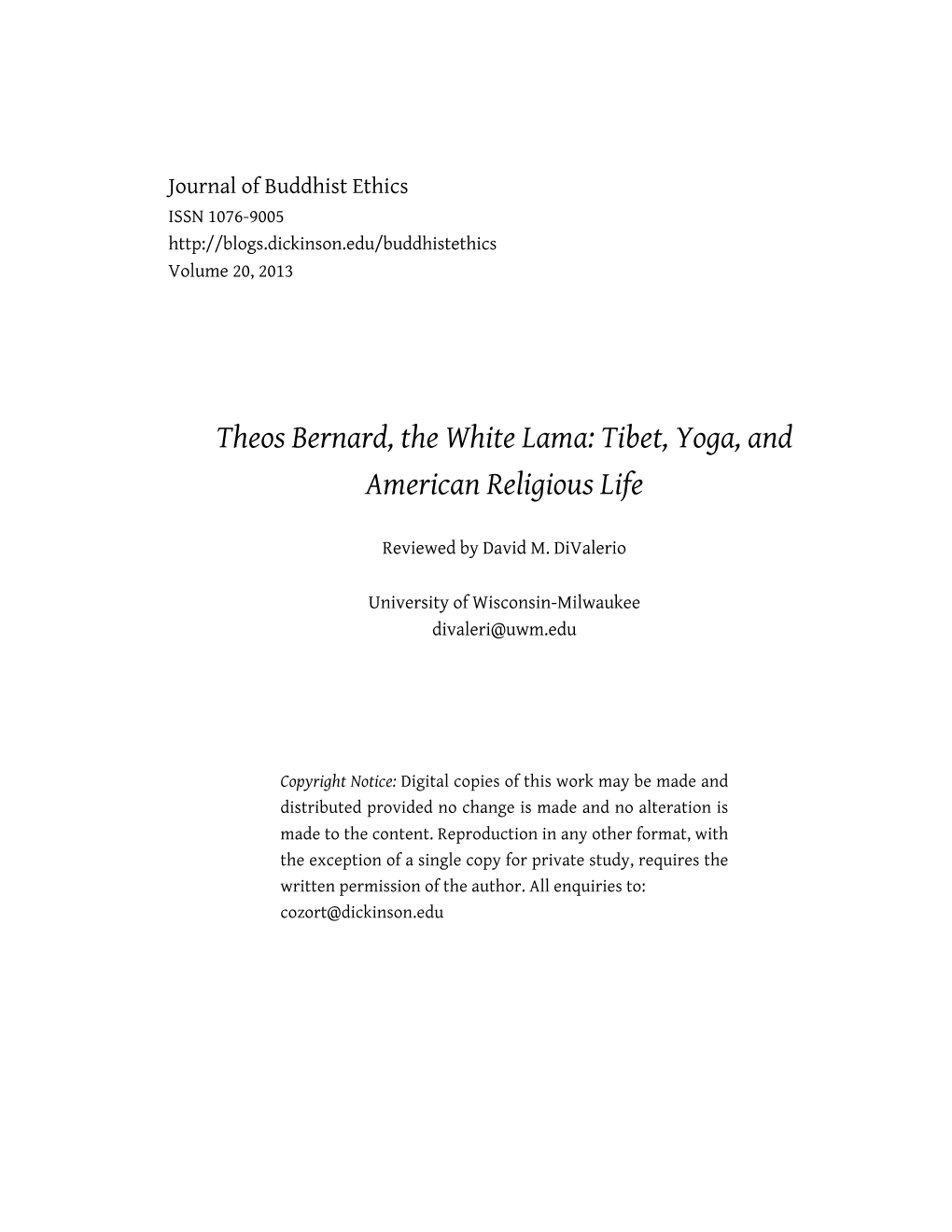 Theos Bernard, the White Lama: Tibet, Yoga, and American Religious Life