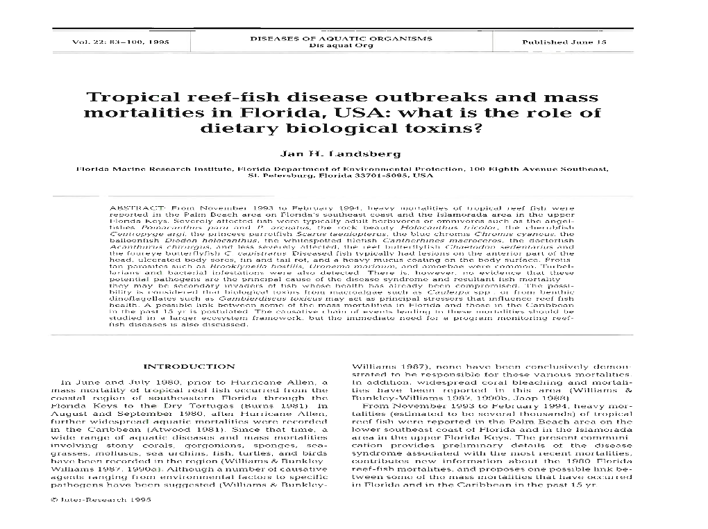 Tropical Reef-Fish Disease Outbreaks and Mass Mortalities in Florida, USA: What Is the Role of Dietary Biological Toxins?