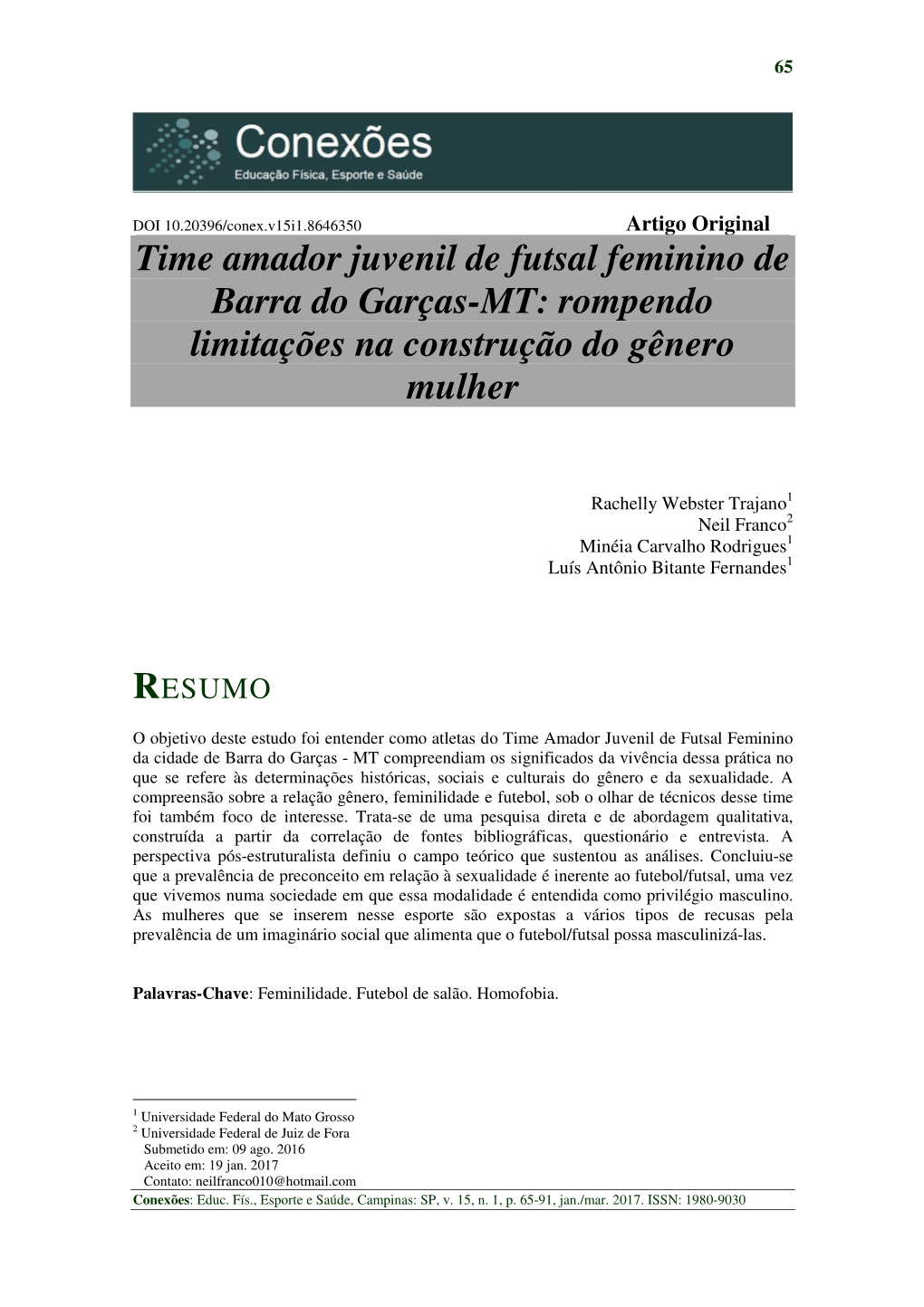 Futsal Feminino De Barra Do Garças-MT: Rompendo Limitações Na Construção Do Gênero Mulher