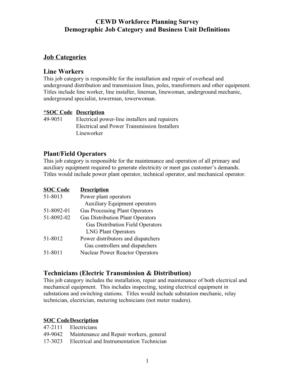 Demographic Job Category and Business Unit Definitions