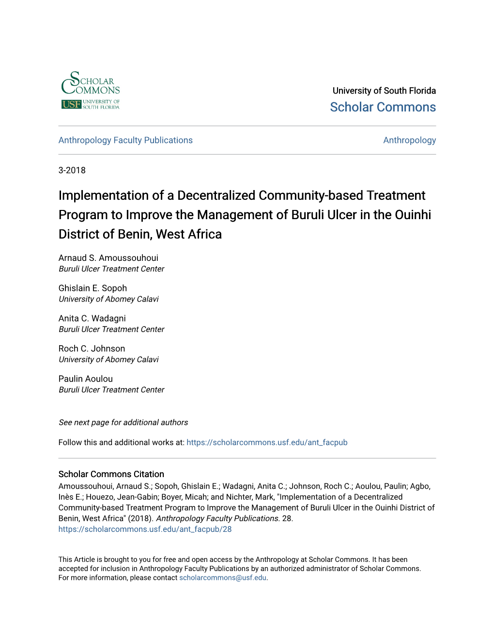 Implementation of a Decentralized Community-Based Treatment Program to Improve the Management of Buruli Ulcer in the Ouinhi District of Benin, West Africa