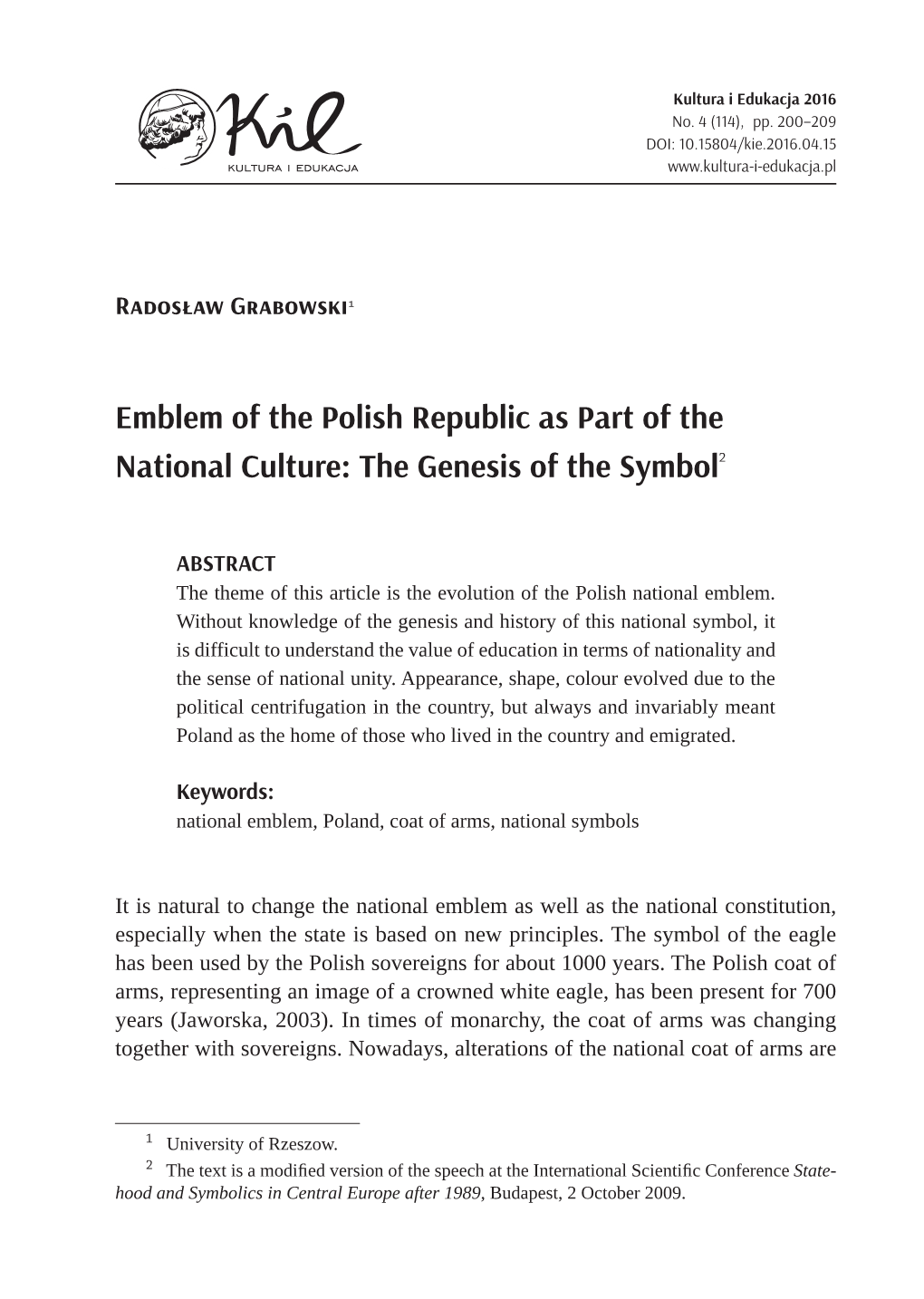 Emblem of the Polish Republic As Part of the National Culture : the Genesis of the Symbol2