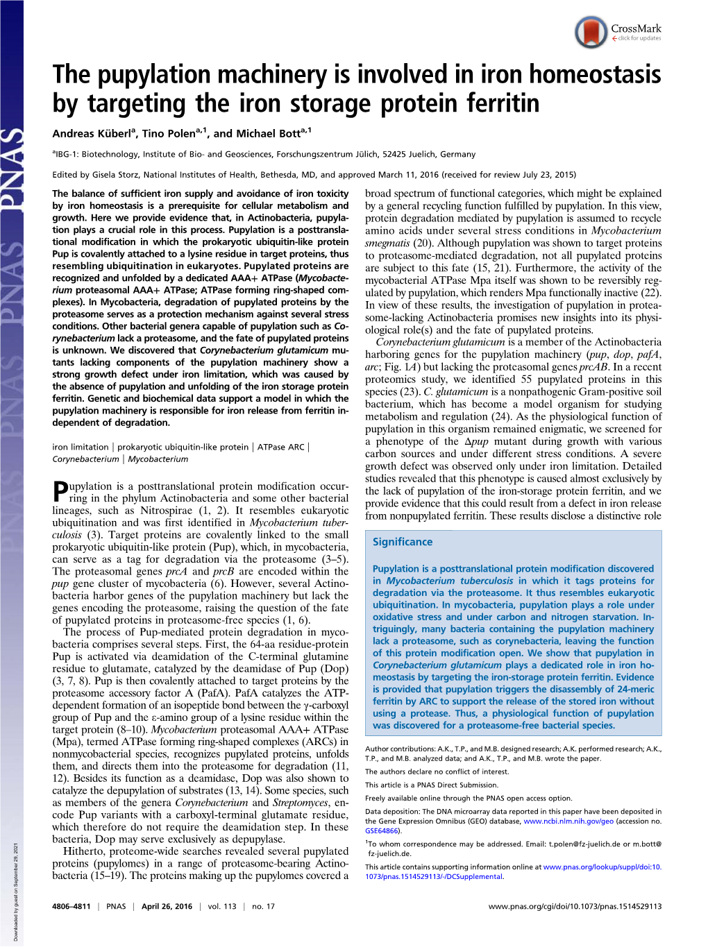 The Pupylation Machinery Is Involved in Iron Homeostasis by Targeting the Iron Storage Protein Ferritin