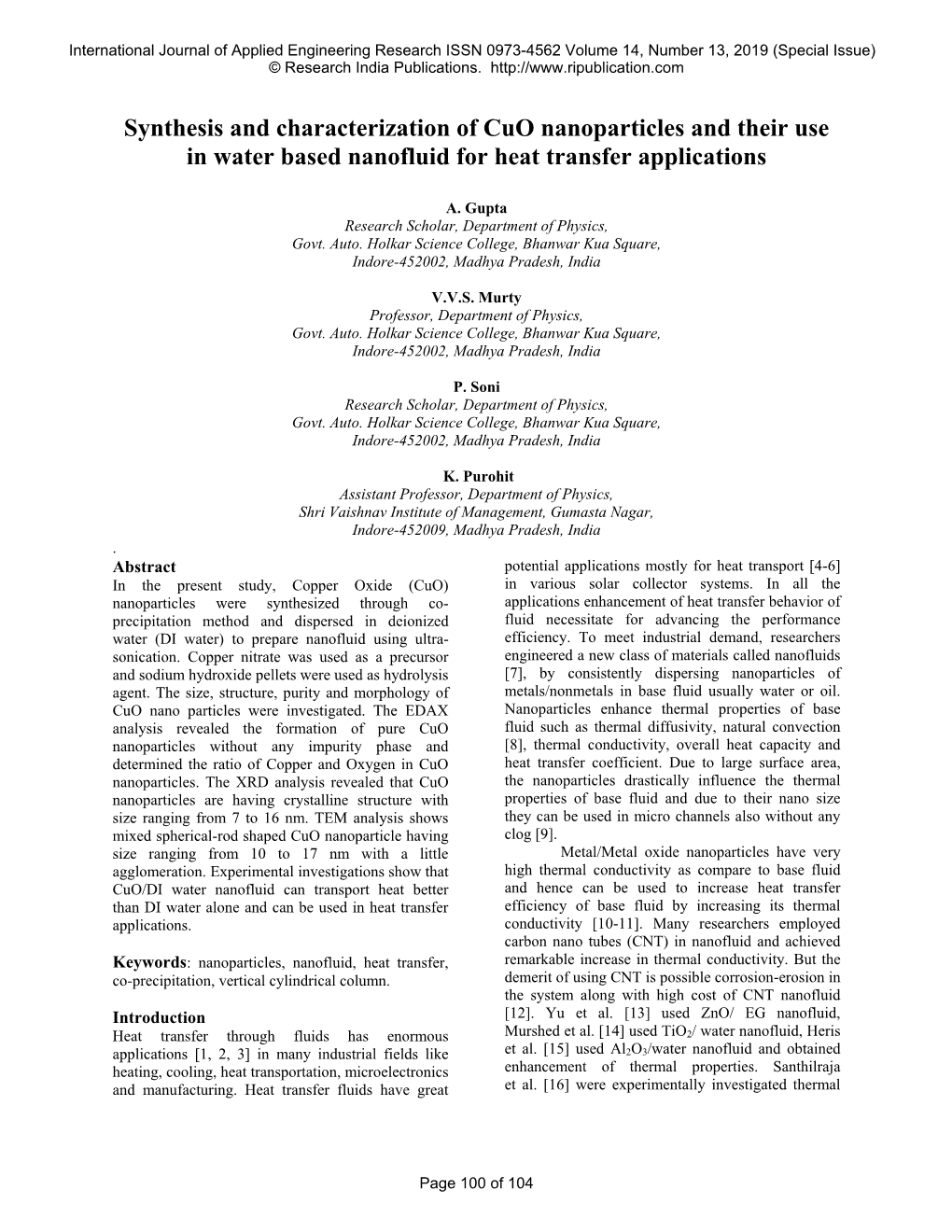 Synthesis and Characterization of Cuo Nanoparticles and Their Use in Water Based Nanofluid for Heat Transfer Applications