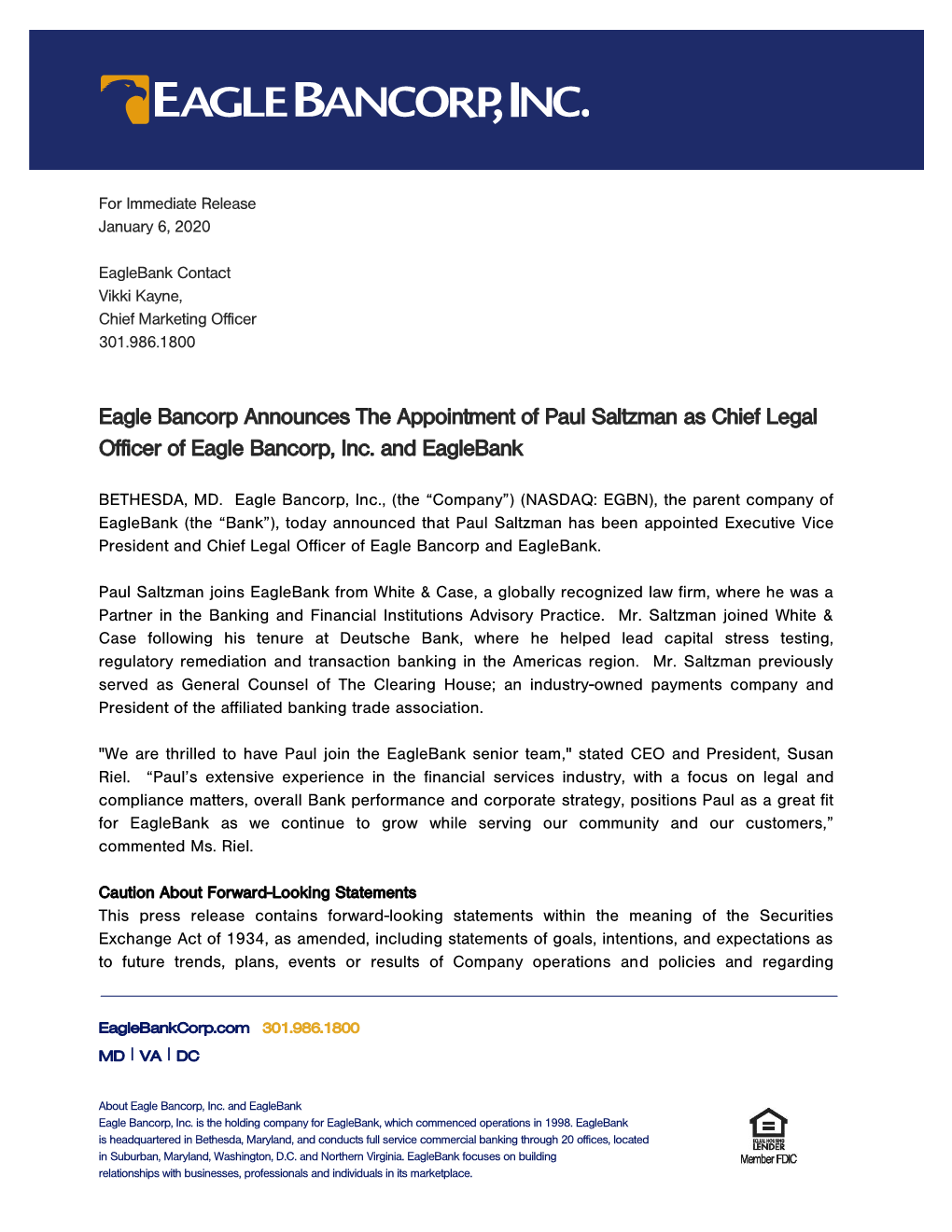 Eagle Bancorp Announces the Appointment of Paul Saltzman As Chief Legal Officer of Eagle Bancorp, Inc