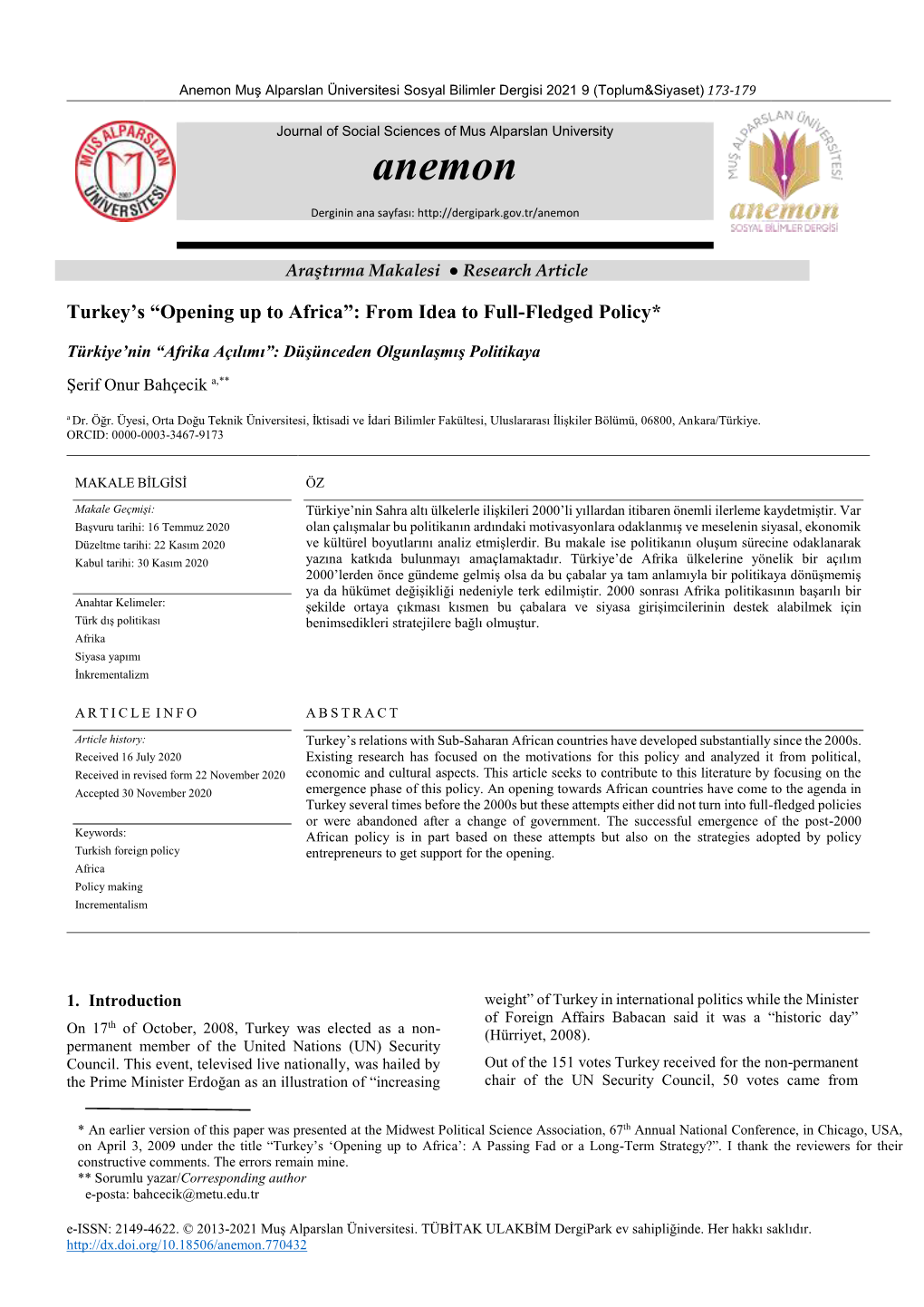 Anemon Muş Alparslan Üniversitesi Sosyal Bilimler Dergisi 2021 9 (Toplum&Siyaset) 173-179