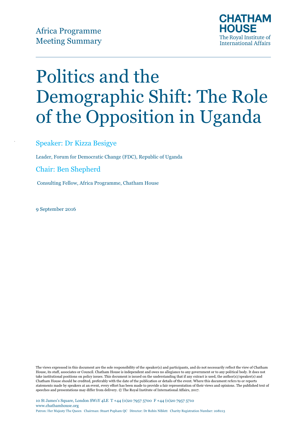 Politics and the Demographic Shift: the Role of the Opposition in Uganda