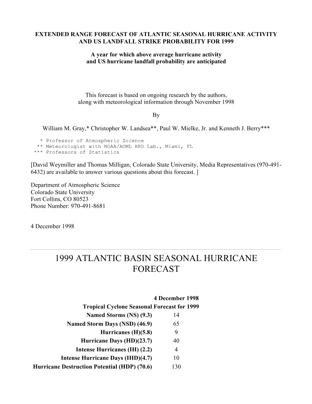 1999 Atlantic Basin Seasonal Hurricane Forecast