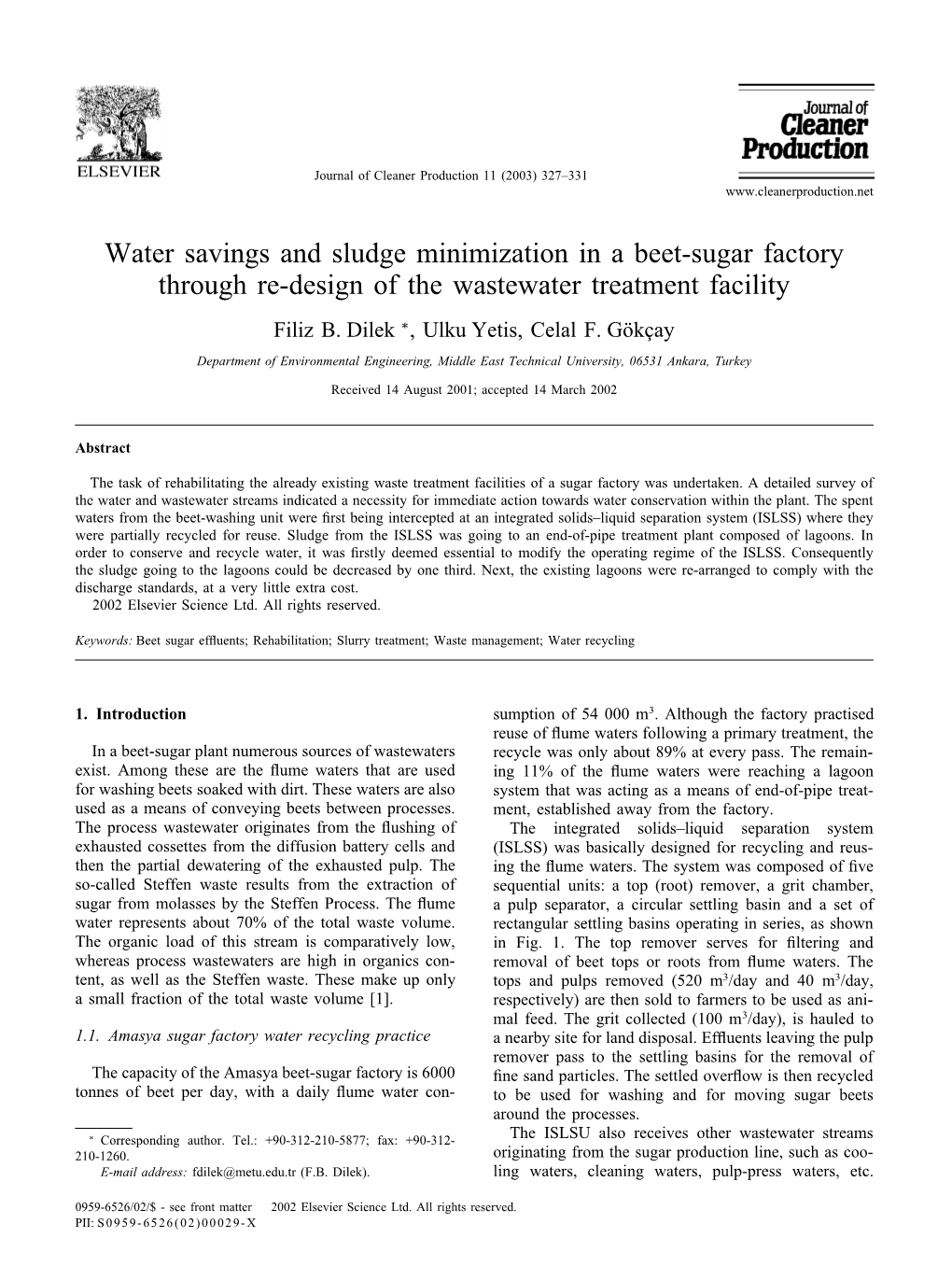 Water Savings and Sludge Minimization in a Beet-Sugar Factory Through Re-Design of the Wastewater Treatment Facility Filiz B