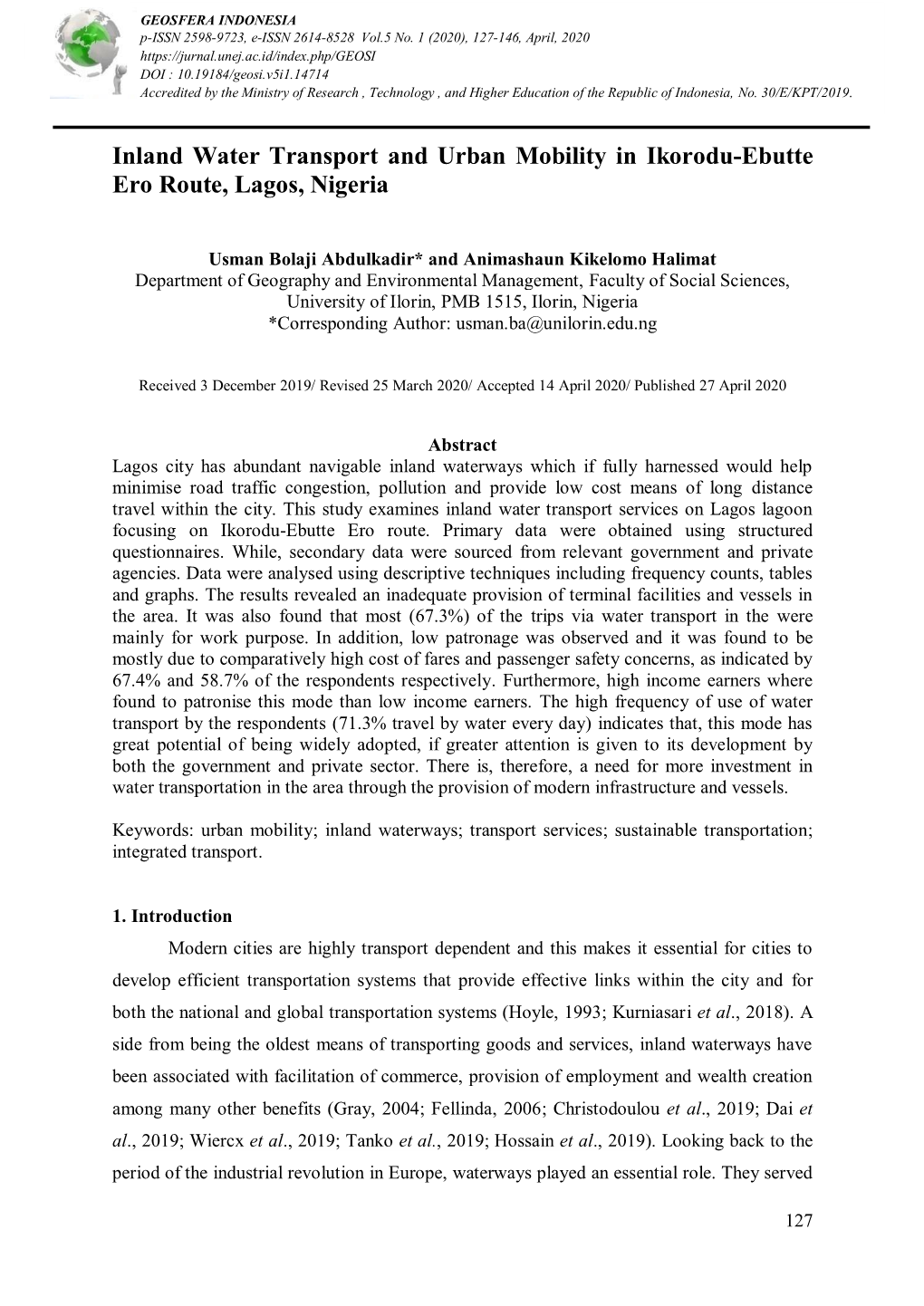 Inland Water Transport and Urban Mobility in Ikorodu-Ebutte Ero Route, Lagos, Nigeria