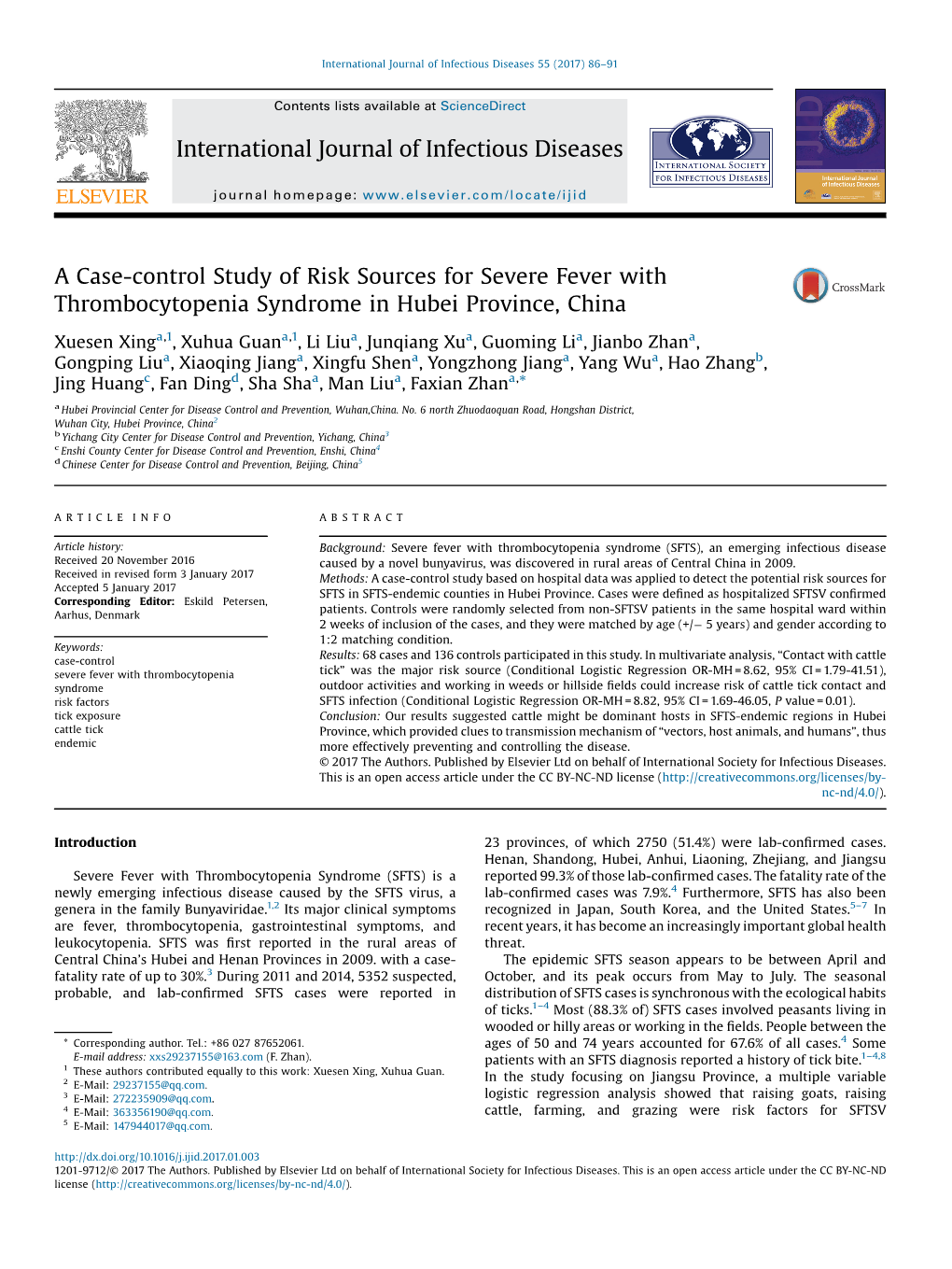 A Case-Control Study of Risk Sources for Severe Fever with Thrombocytopenia Syndrome in Hubei Province, China