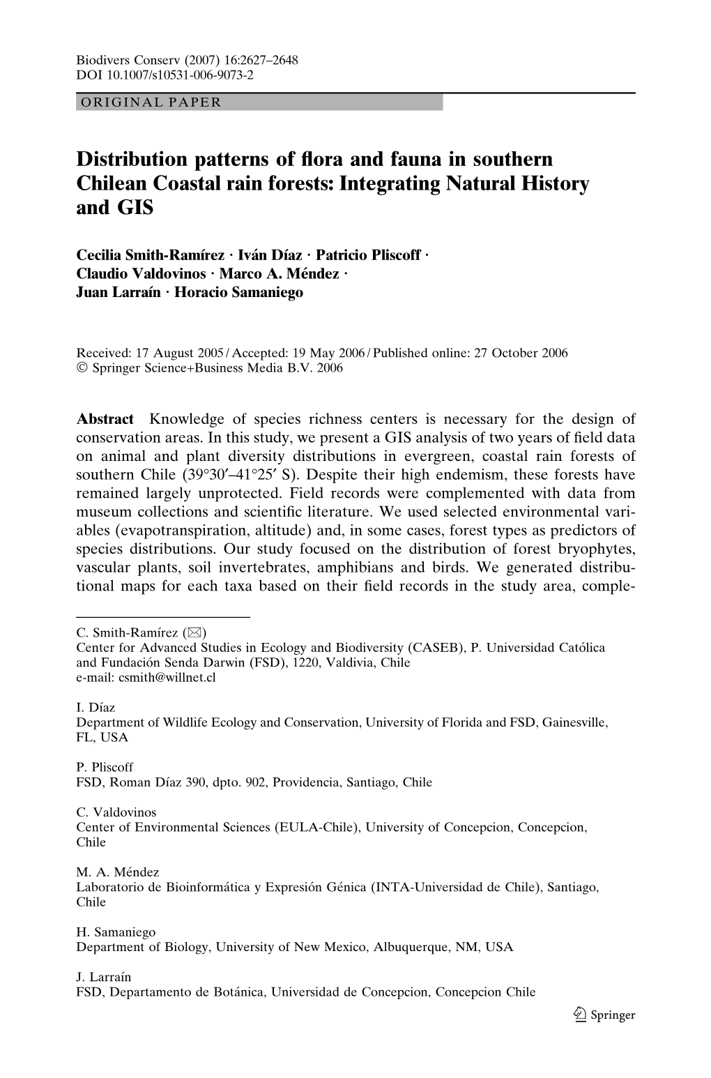 Distribution Patterns of Flora and Fauna in Southern Chilean Coastal Rain