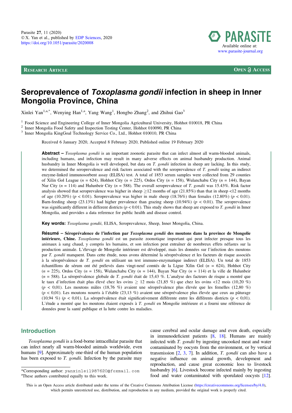 Seroprevalence of Toxoplasma Gondii Infection in Sheep in Inner Mongolia Province, China