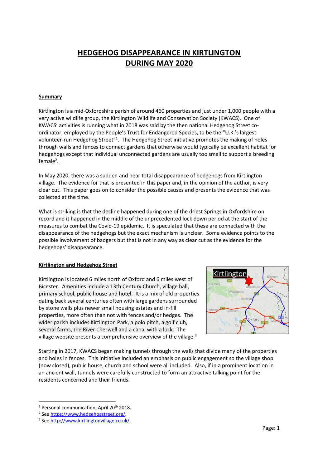 Hedgehog Disappearance in Kirtlington During May 2020